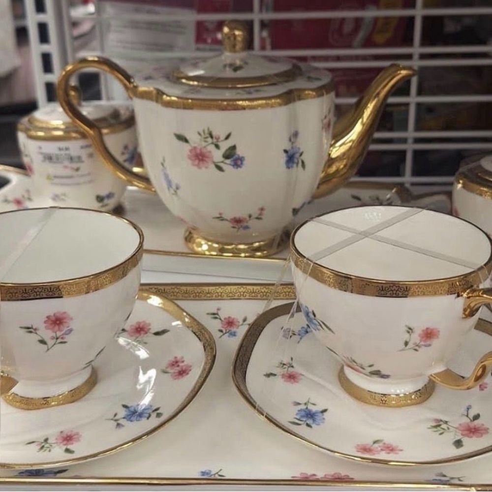 Set of Floral Porcelain Tea Set with Gold Trim